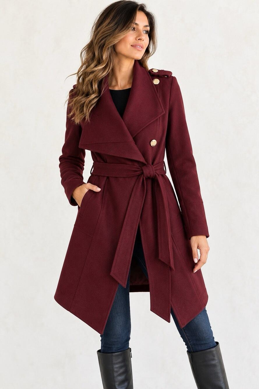 GUESS Womens M Burgundy Wool Blend Coat NWOT Belted Asymmetrical Gold Buttons